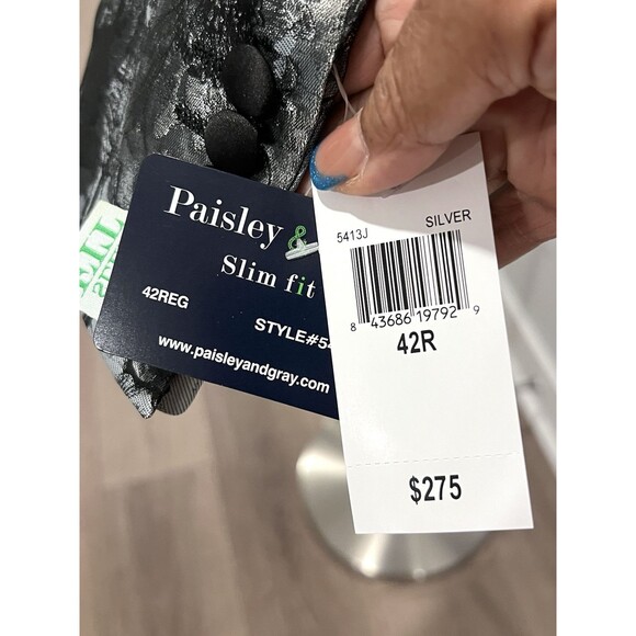 Paisley & Gray Blazer Men Size 42R Slim Fit Floral Shimmer Silver Preppy Elegant - Picture 8 of 15